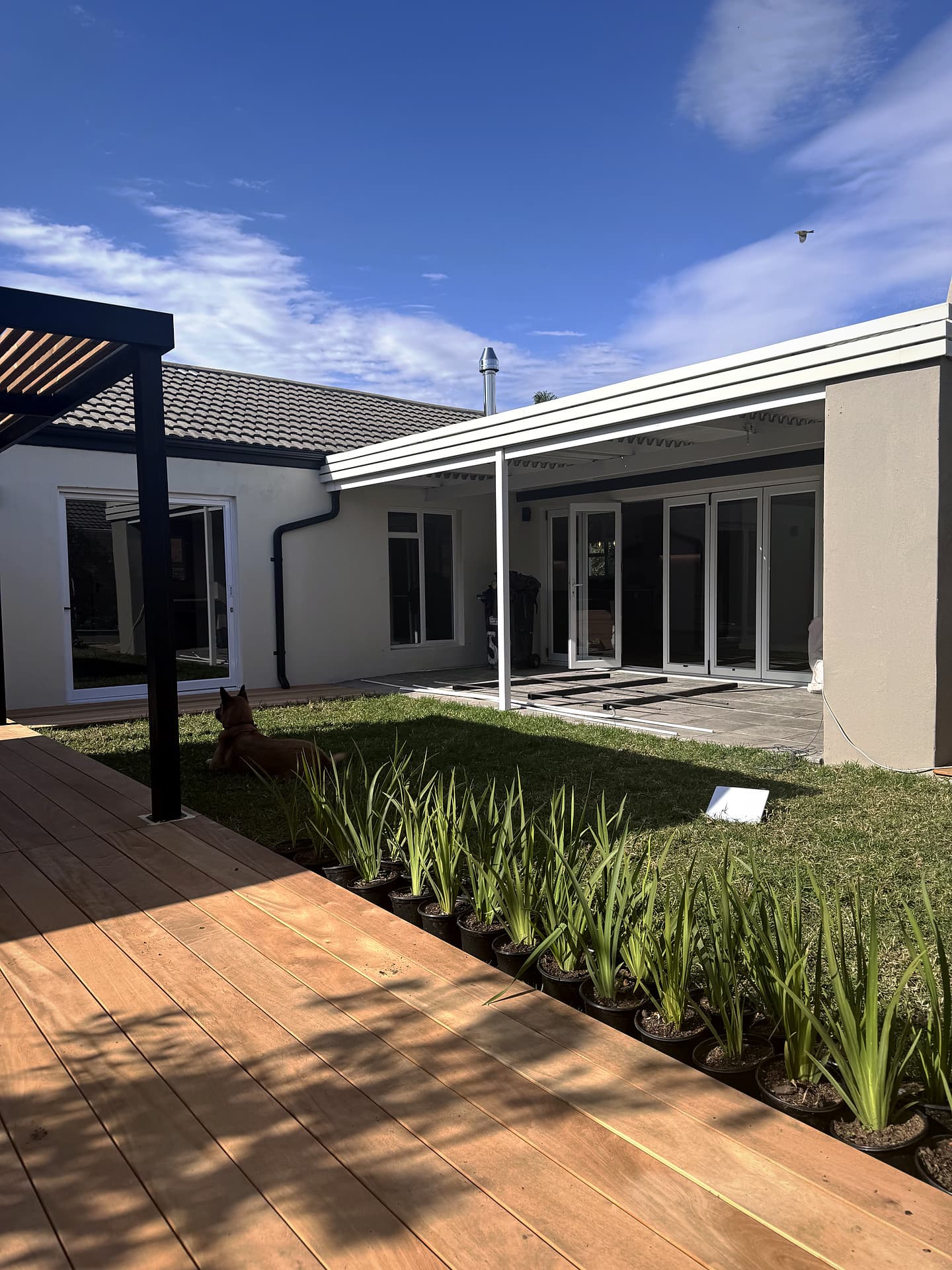 Bloubergstrand – Exterior courtyard with a timber deck under a blue sky