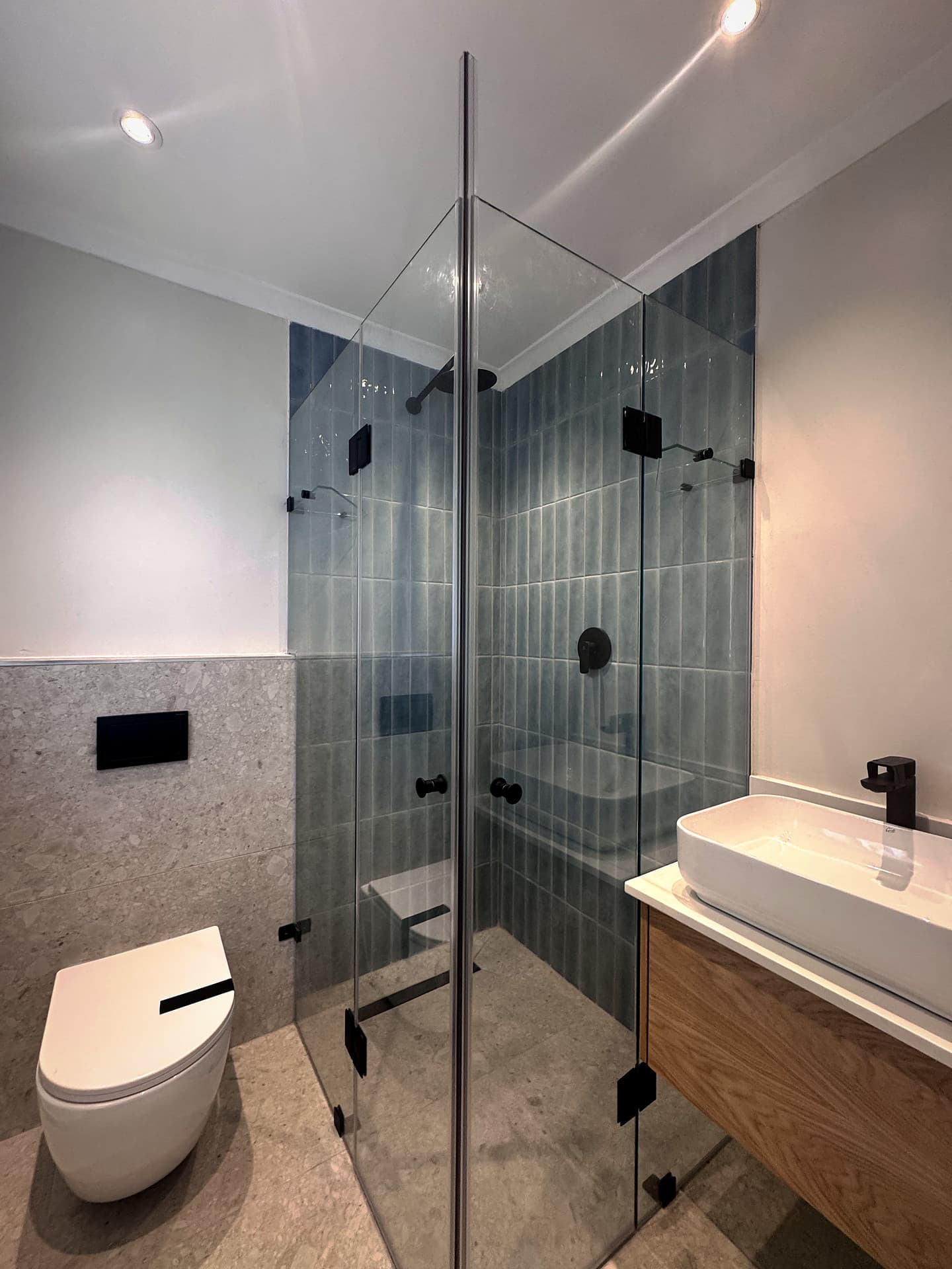 Bloubergstrand – Second bathroom: shower, wall-hung toilet and timber vanity