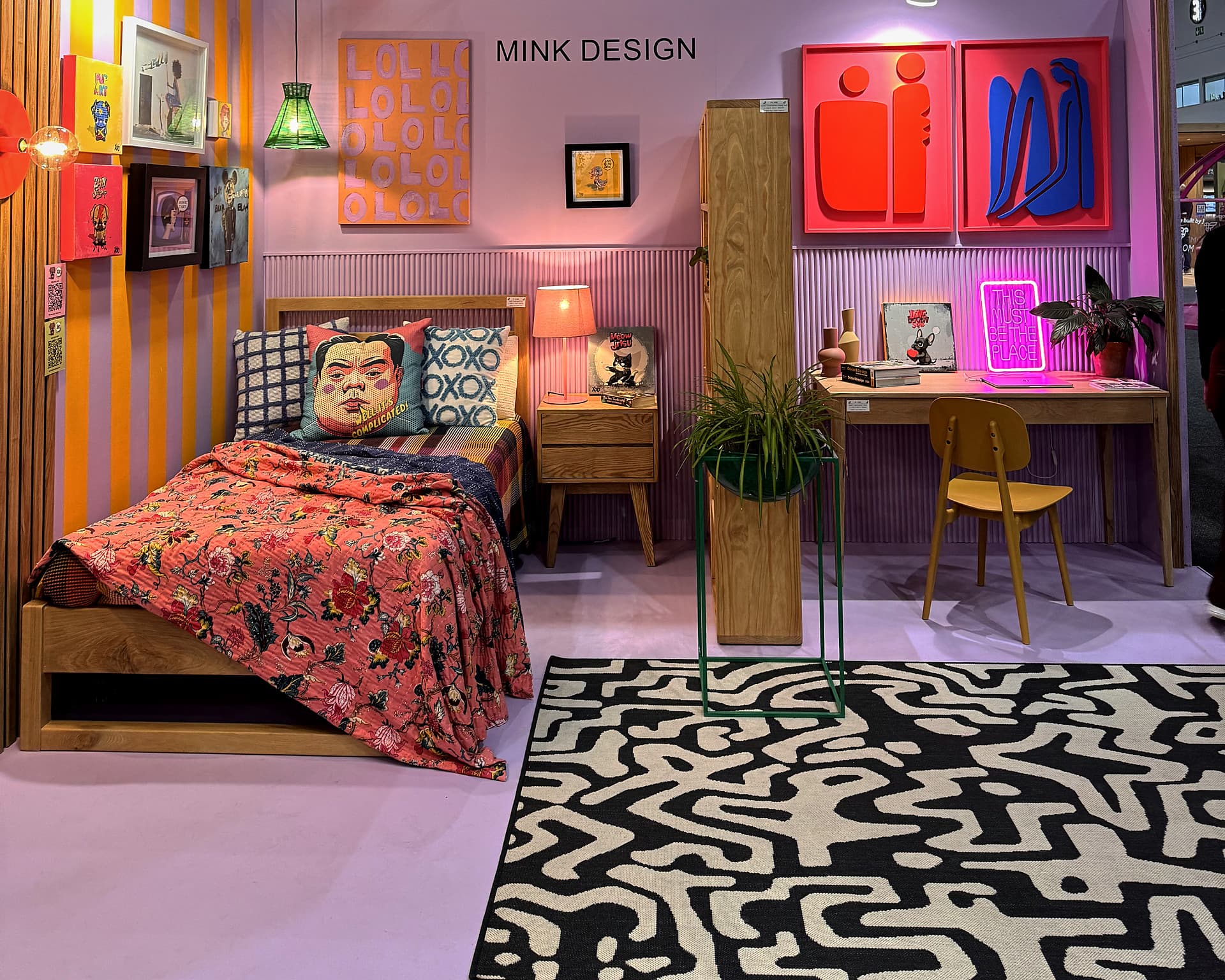 Urban Living Pod – The full exhibition stand with the Mink Design sign and neon lettering