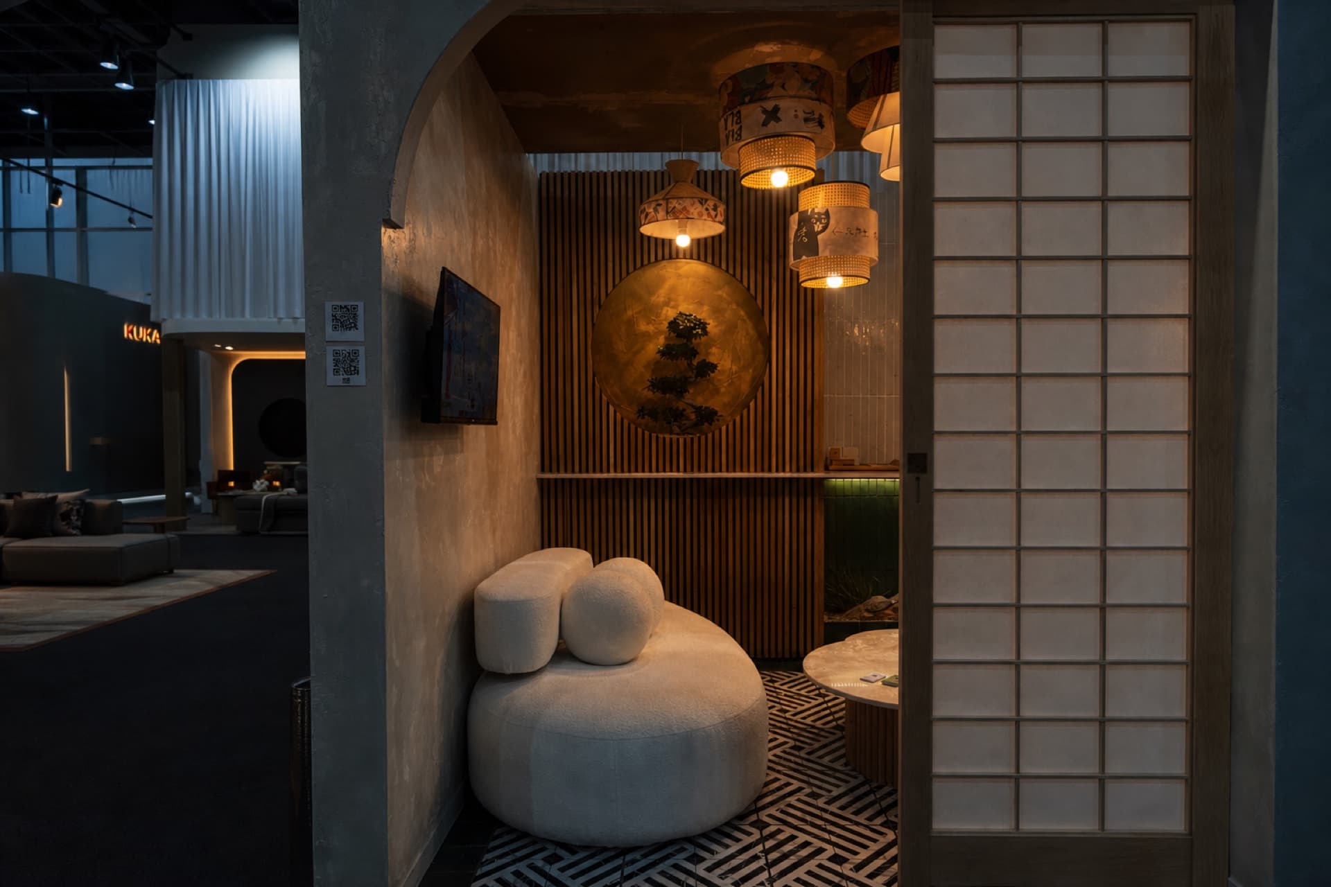 The Mink Interiors Lexus Design Pod at Decorex 2024 — the arched entrance and shoji screen on the exhibition floor