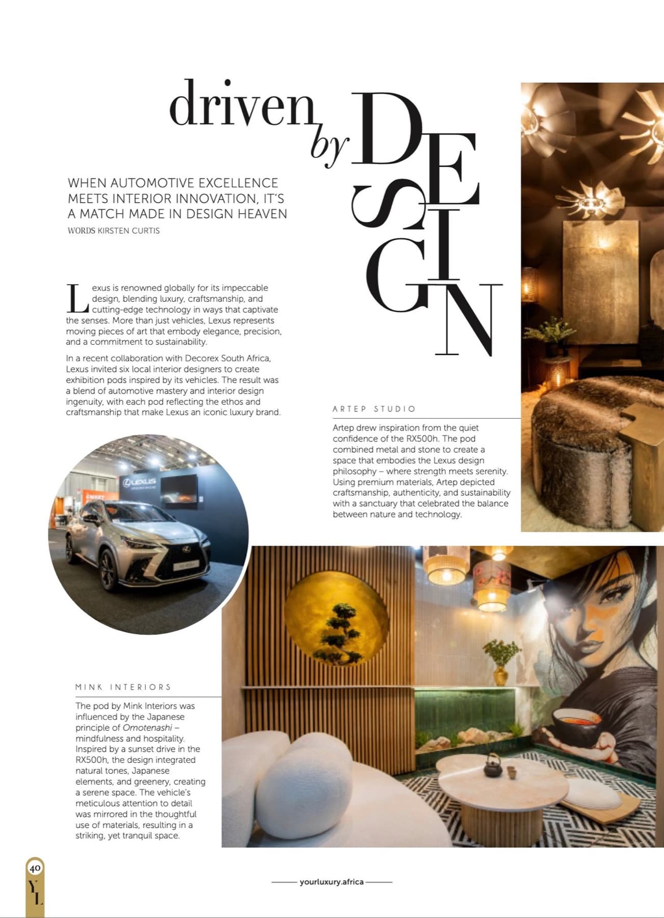 Driven By Design — an article spread on the Lexus Design Pods at Decorex, featuring the Mink Interiors pod