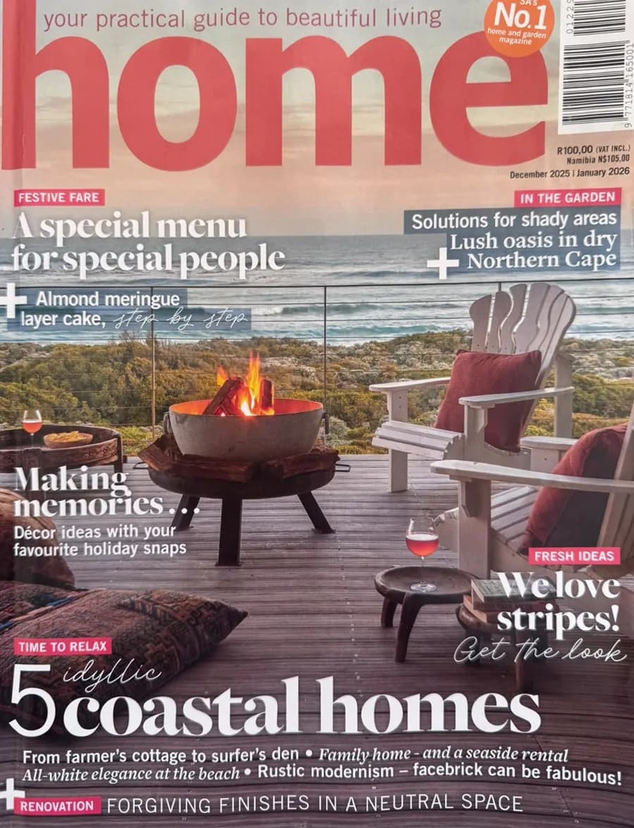 Home magazine cover, December 2025 – January 2026 — the coastal homes issue with the Simon’s Town heritage home by Mink Interiors